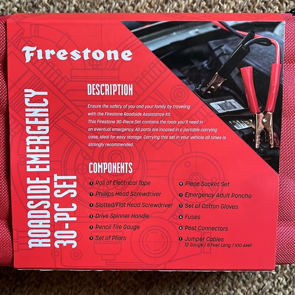 FIRESTONE Roadside Emergency 30-Pc Set JumperCables Fuses Tire Gauge Pliers NEW - Picture 3 of 8